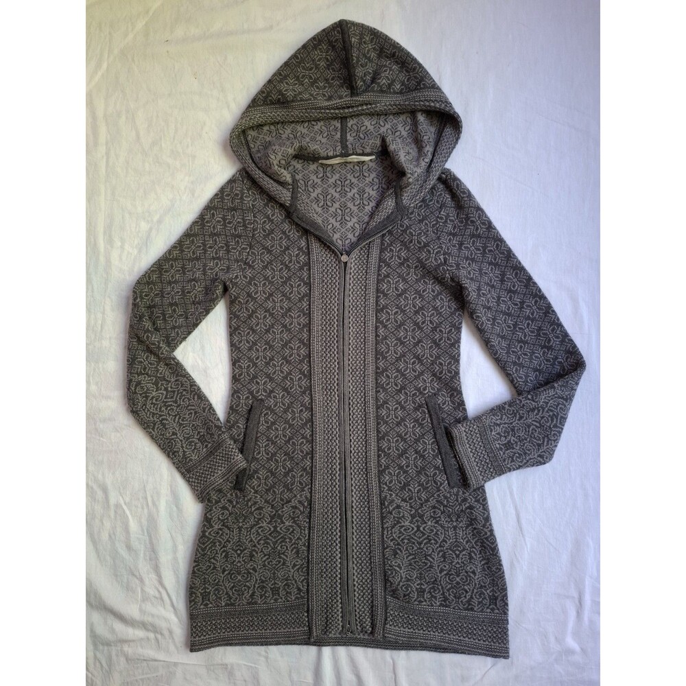 Athleta Spooner Summit Sweater Gray Knit Fair Isle Full Zip Hooded Wool Women XS